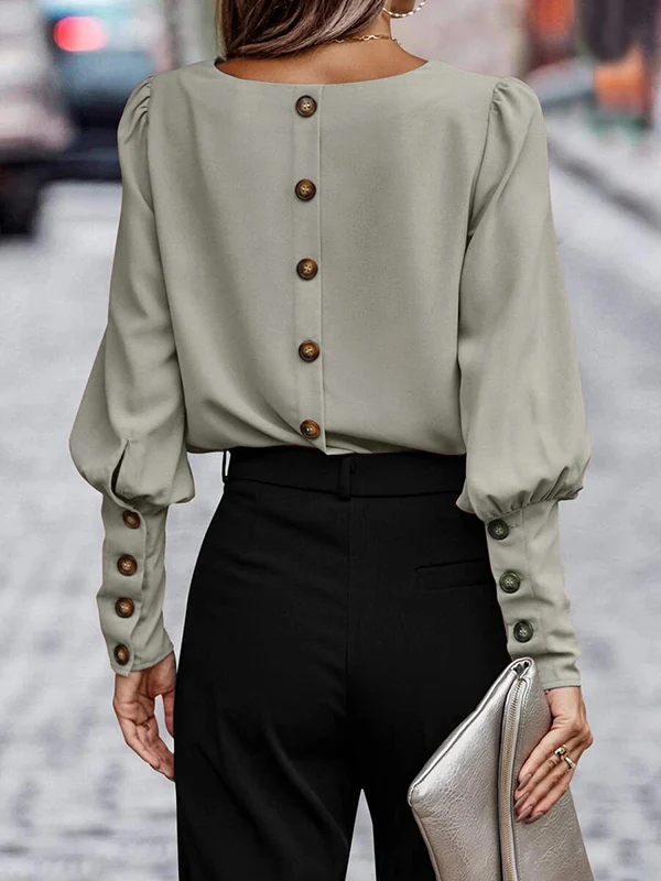Long Sleeves Loose Buttoned Pleated Solid Color Round-Neck Blouses&Shirts Tops - Image 9