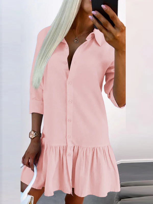 Long Sleeves Loose Buttoned Pleated Solid Color Split-Joint Lapel Mini Dresses Shirt Dress - Image 3