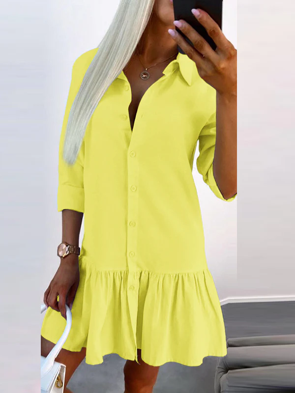 Long Sleeves Loose Buttoned Pleated Solid Color Split-Joint Lapel Mini Dresses Shirt Dress - Image 5