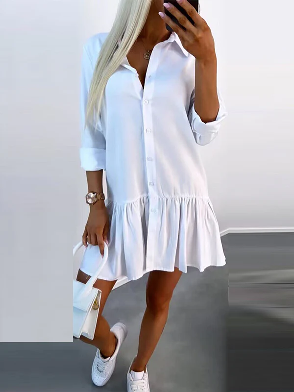 Long Sleeves Loose Buttoned Pleated Solid Color Split-Joint Lapel Mini Dresses Shirt Dress - Image 6