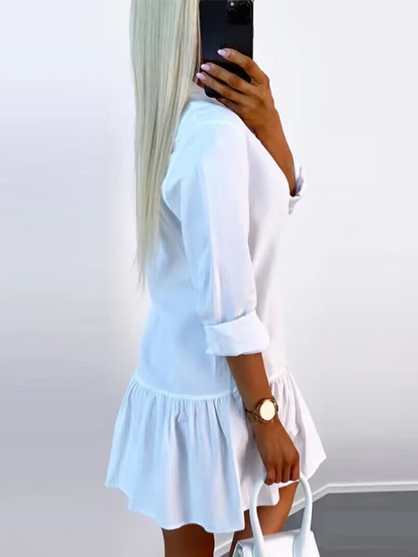 Long Sleeves Loose Buttoned Pleated Solid Color Split-Joint Lapel Mini Dresses Shirt Dress - Image 7