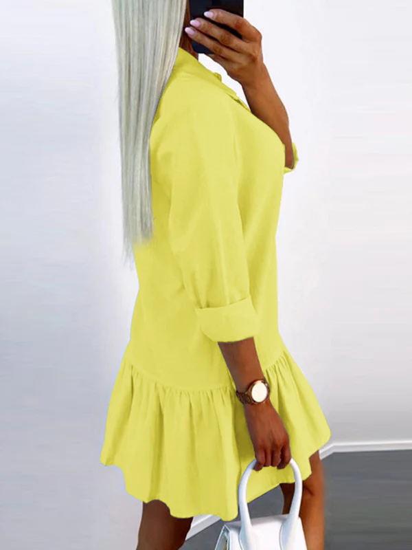 Long Sleeves Loose Buttoned Pleated Solid Color Split-Joint Lapel Mini Dresses Shirt Dress - Image 8