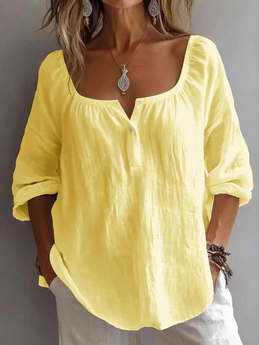 Long Sleeves Loose Buttoned Pleated Solid Color Split-Joint Square-Neck T-Shirts Tops - Image 2