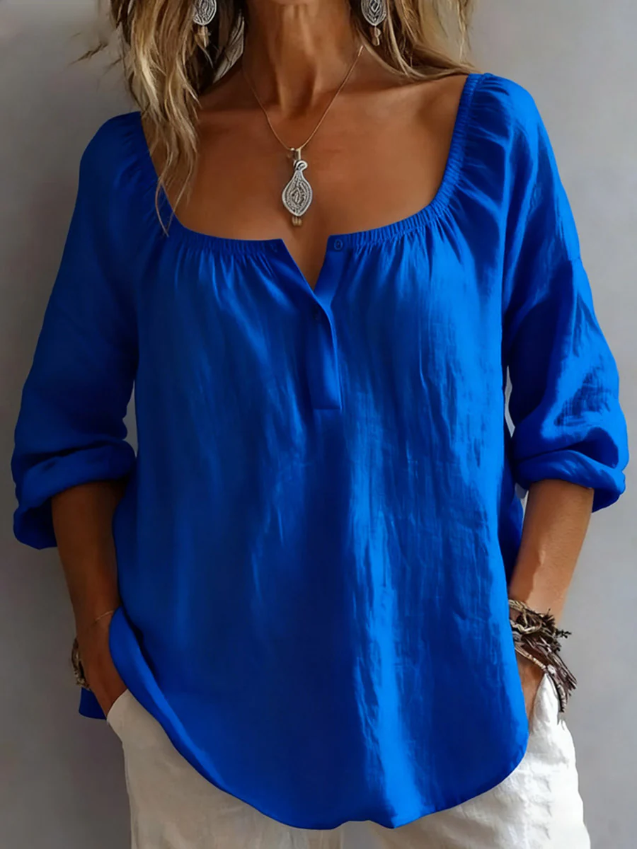 Long Sleeves Loose Buttoned Pleated Solid Color Split-Joint Square-Neck T-Shirts Tops - Image 4