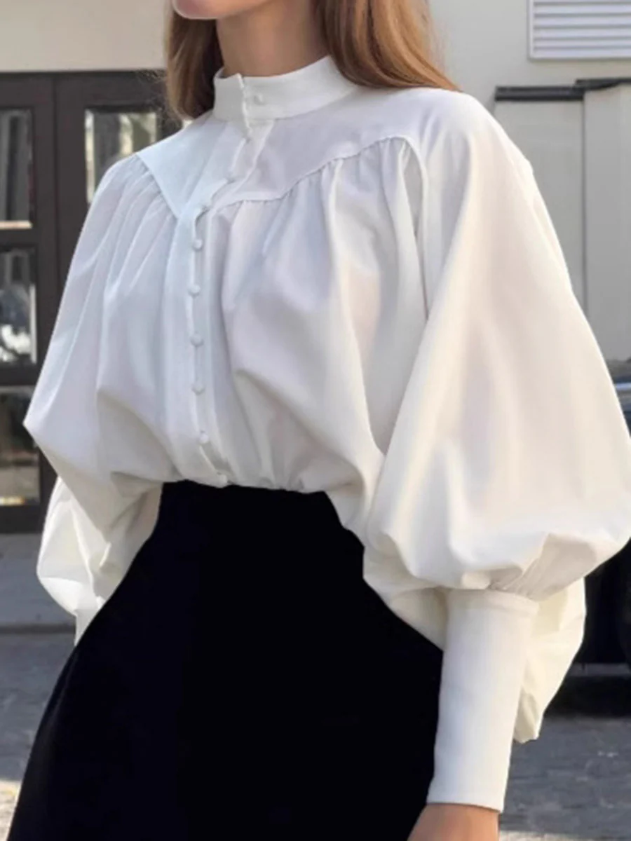 Long Sleeves Loose Buttoned Pleated Solid Color Split-Joint Stand Collar Blouses&Shirts Tops