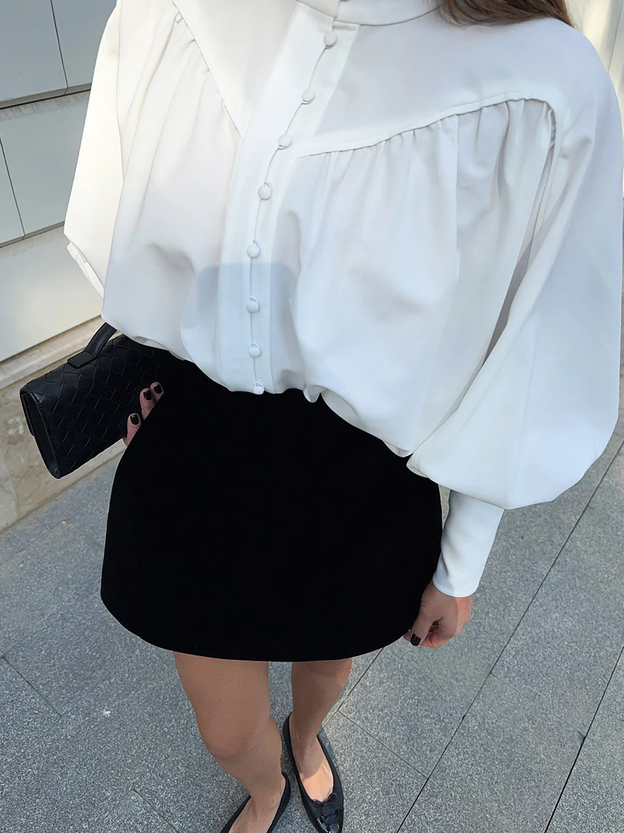 Long Sleeves Loose Buttoned Pleated Solid Color Split-Joint Stand Collar Blouses&Shirts Tops - Image 11