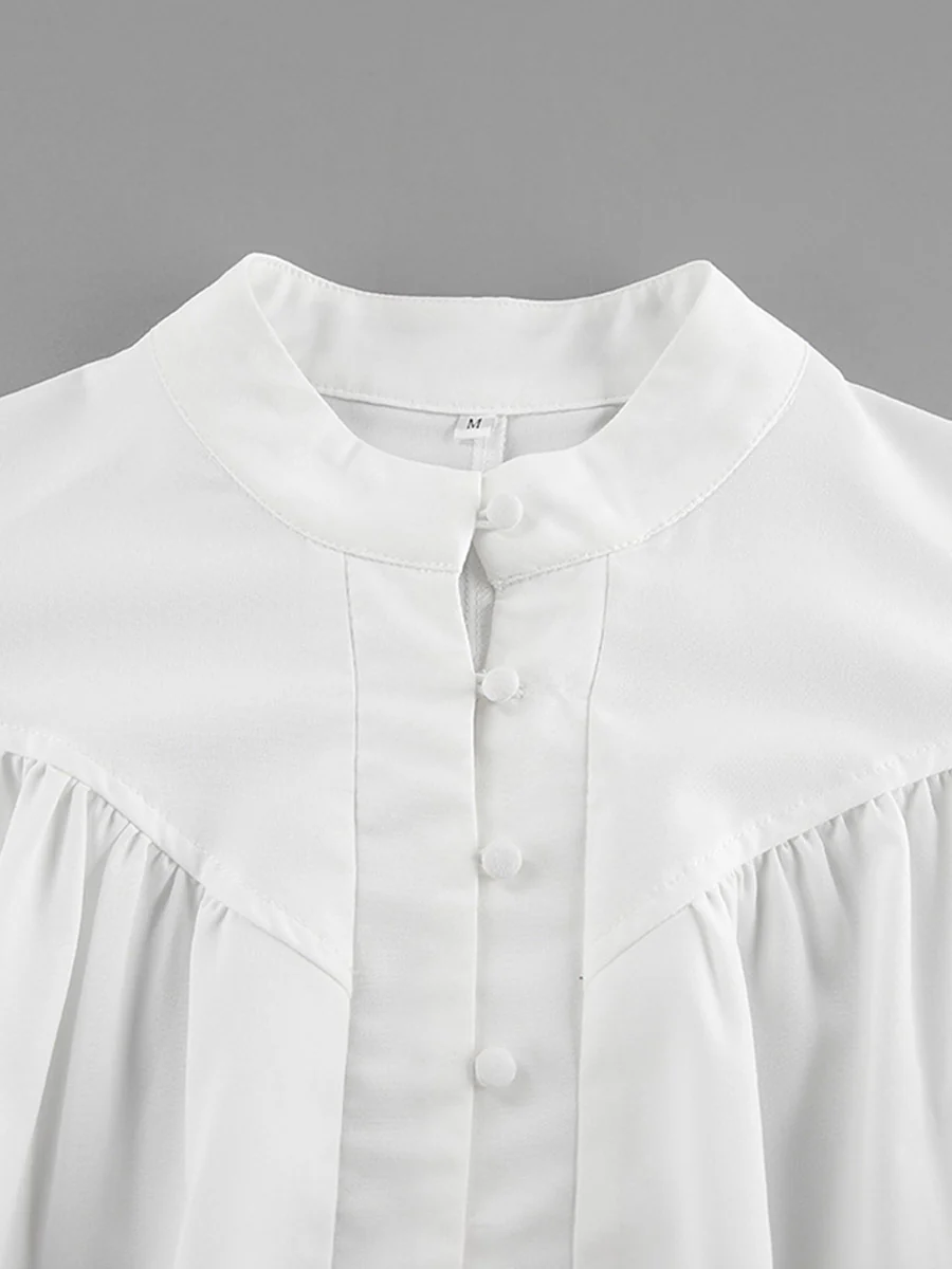 Long Sleeves Loose Buttoned Pleated Solid Color Split-Joint Stand Collar Blouses&Shirts Tops - Image 12