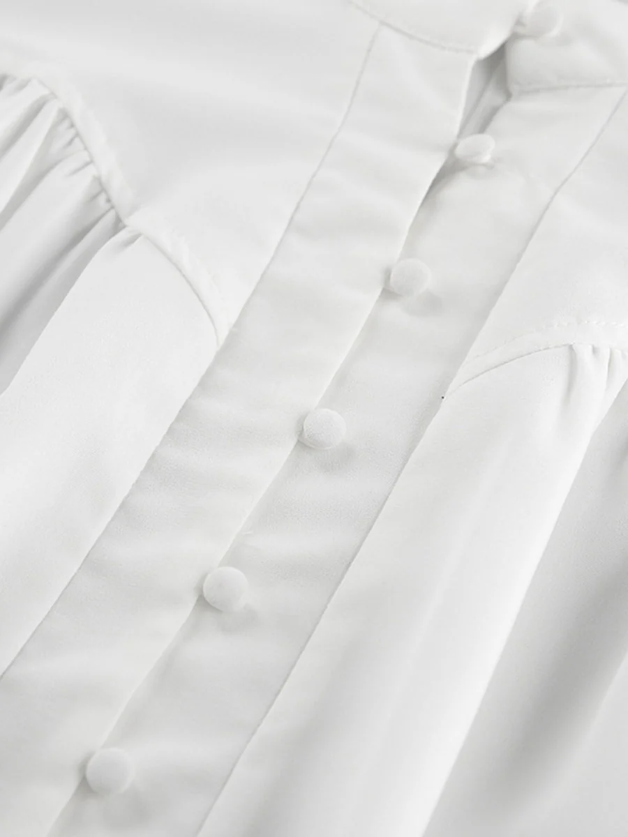 Long Sleeves Loose Buttoned Pleated Solid Color Split-Joint Stand Collar Blouses&Shirts Tops - Image 13