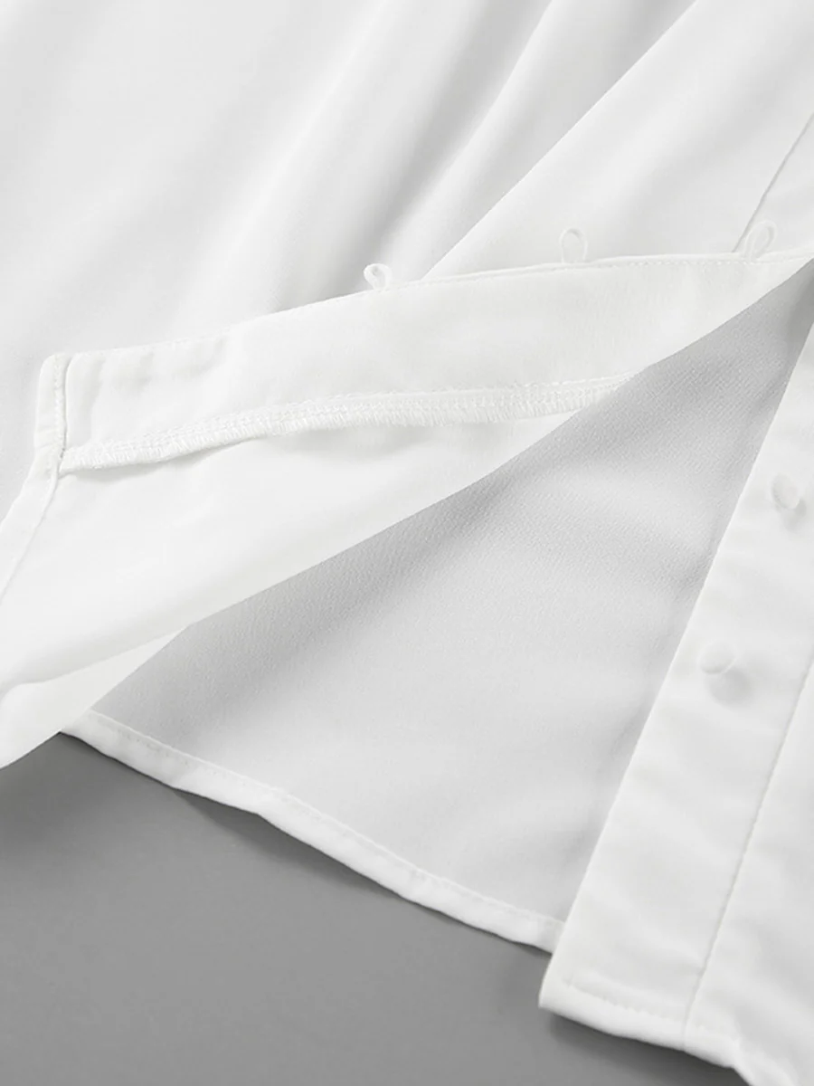 Long Sleeves Loose Buttoned Pleated Solid Color Split-Joint Stand Collar Blouses&Shirts Tops - Image 15