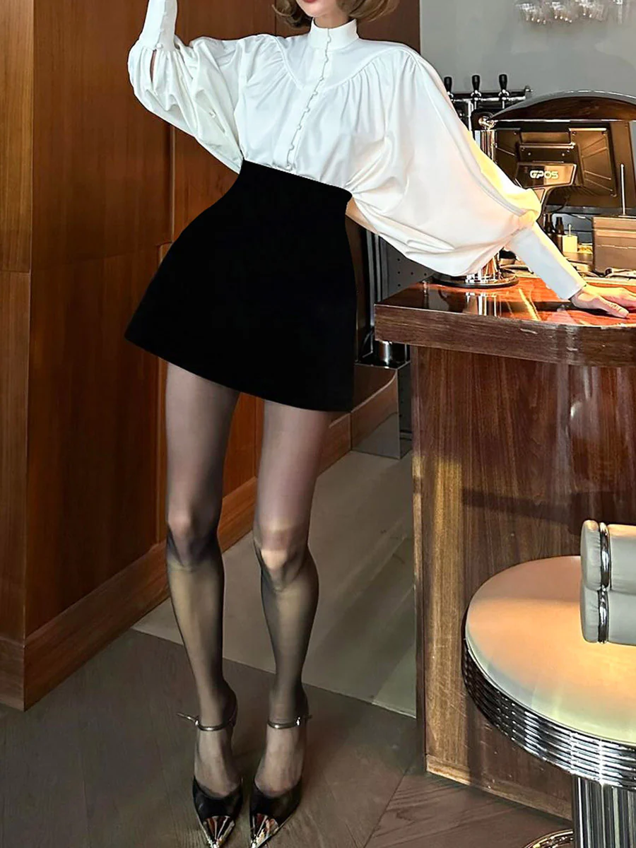 Long Sleeves Loose Buttoned Pleated Solid Color Split-Joint Stand Collar Blouses&Shirts Tops - Image 3