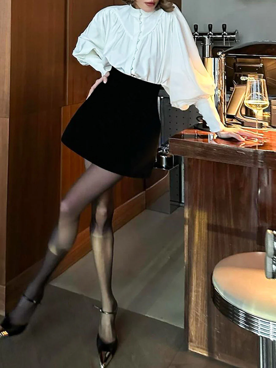 Long Sleeves Loose Buttoned Pleated Solid Color Split-Joint Stand Collar Blouses&Shirts Tops - Image 4