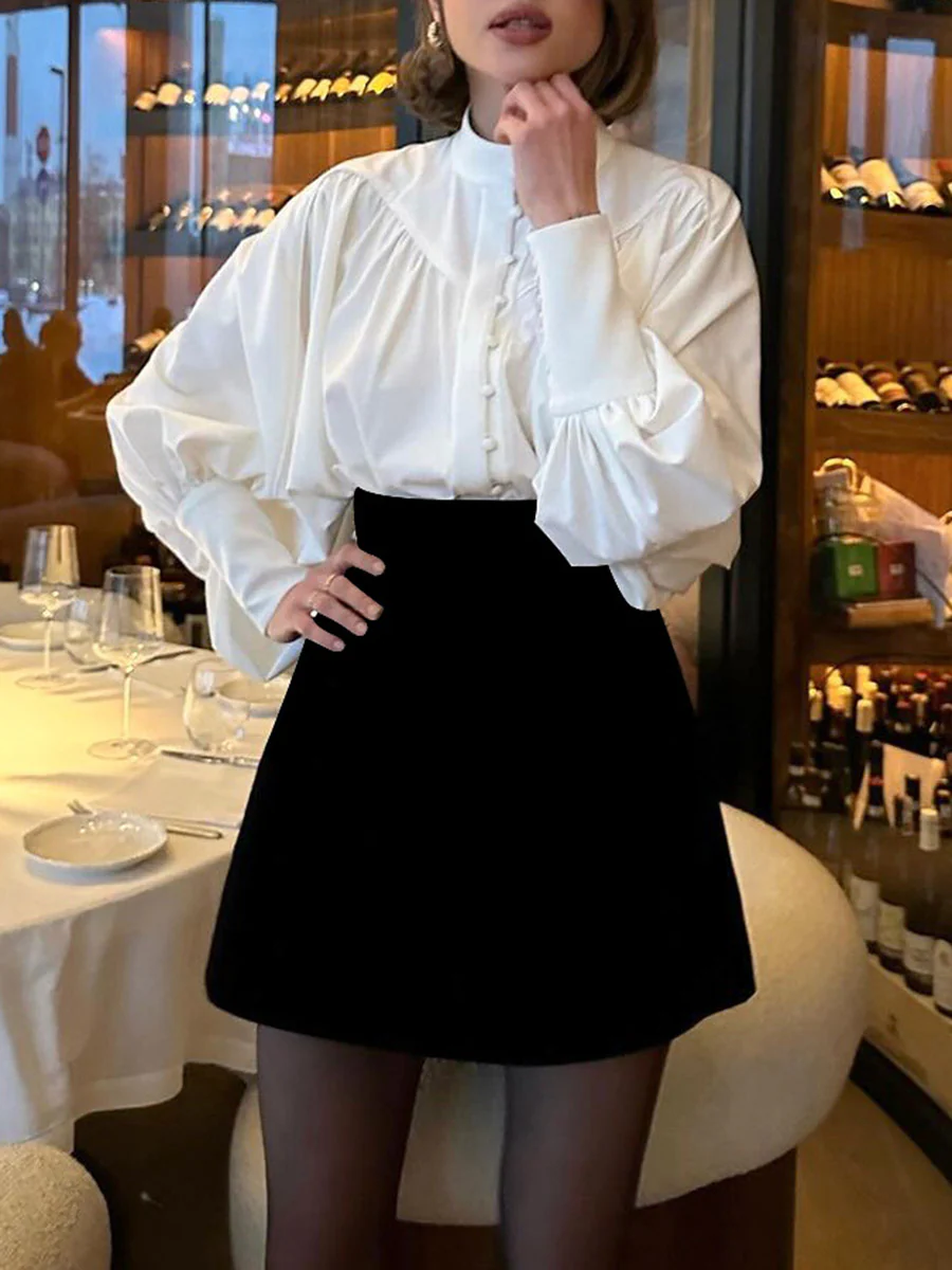 Long Sleeves Loose Buttoned Pleated Solid Color Split-Joint Stand Collar Blouses&Shirts Tops - Image 6