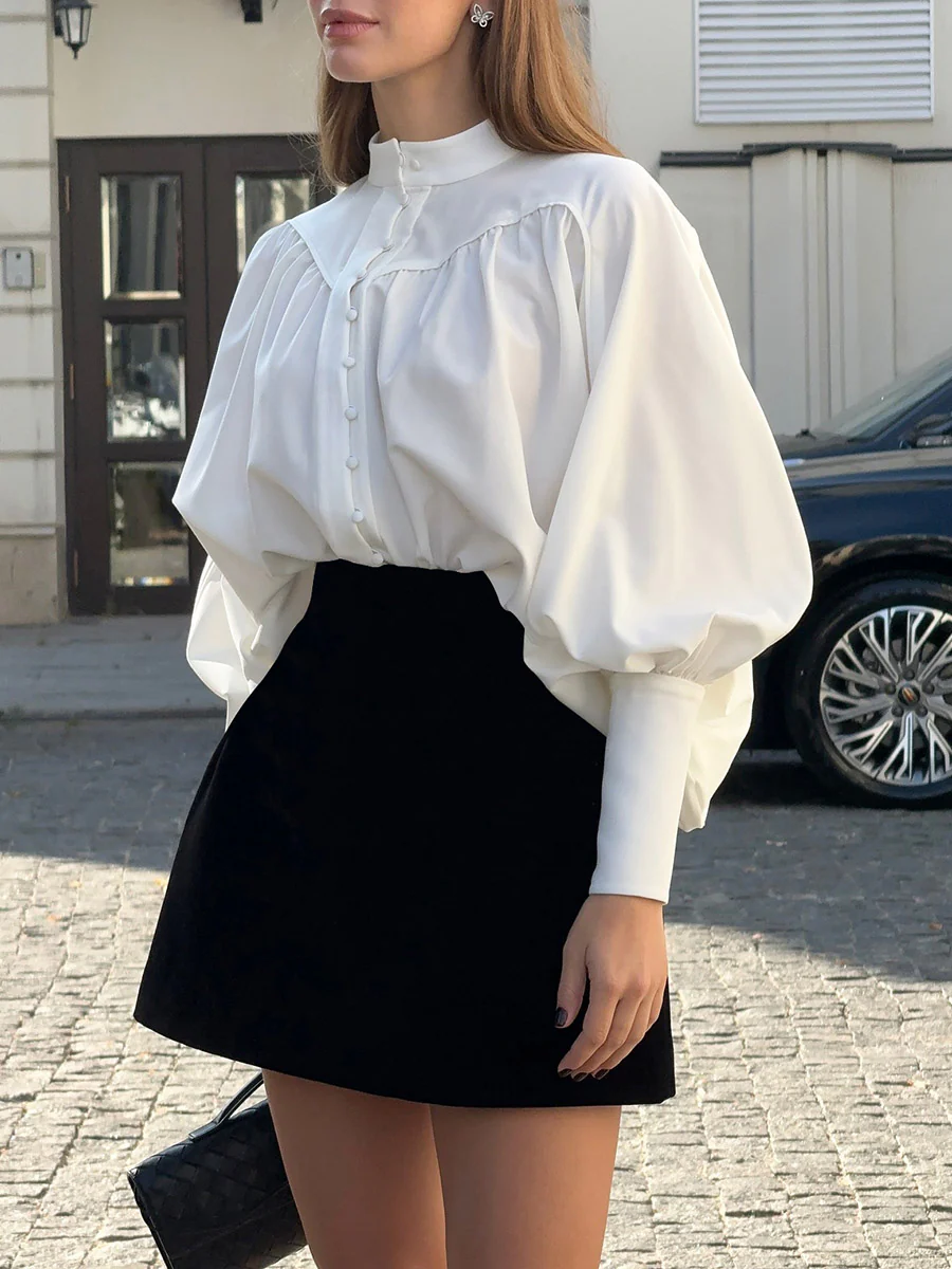 Long Sleeves Loose Buttoned Pleated Solid Color Split-Joint Stand Collar Blouses&Shirts Tops - Image 7