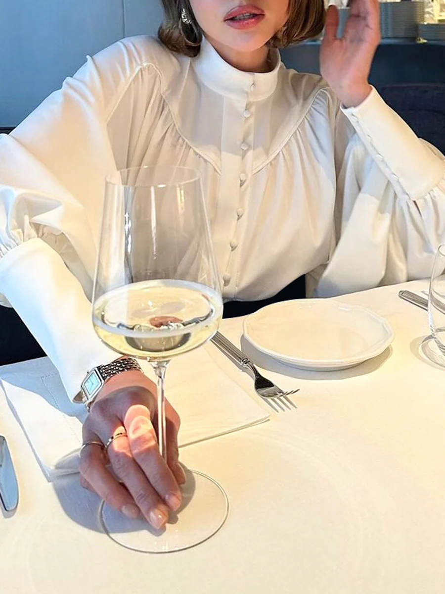 Long Sleeves Loose Buttoned Pleated Solid Color Split-Joint Stand Collar Blouses&Shirts Tops - Image 8