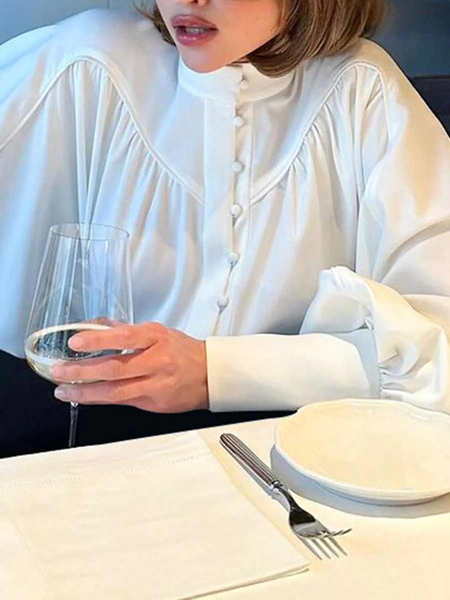 Long Sleeves Loose Buttoned Pleated Solid Color Split-Joint Stand Collar Blouses&Shirts Tops - Image 9