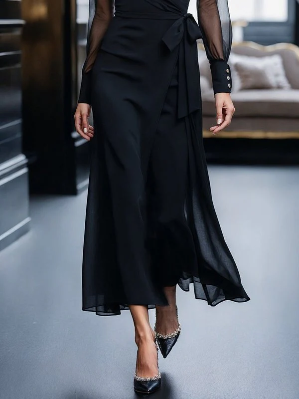 Long Sleeves Loose Buttoned Pleated Solid Color Split-Joint Tied Waist Lapel Maxi Dresses - Image 3