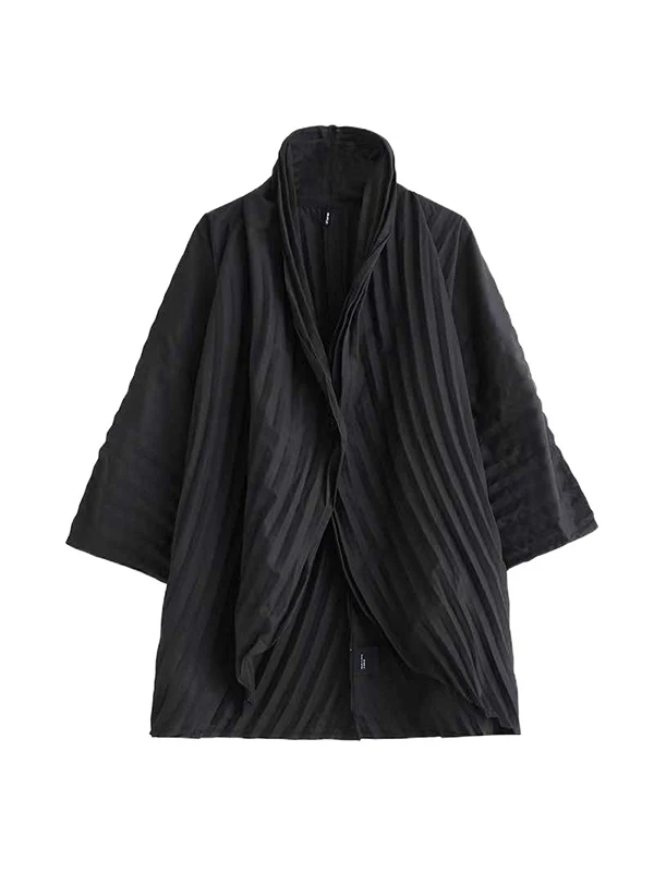 Long Sleeves Loose Buttoned Pleated Solid Color Stand Collar Shirts Top + Pants Bottom Two Pieces Set - Image 11