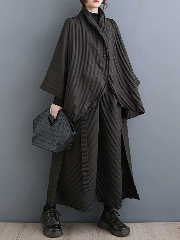 Long Sleeves Loose Buttoned Pleated Solid Color Stand Collar Shirts Top + Pants Bottom Two Pieces Set - Image 2