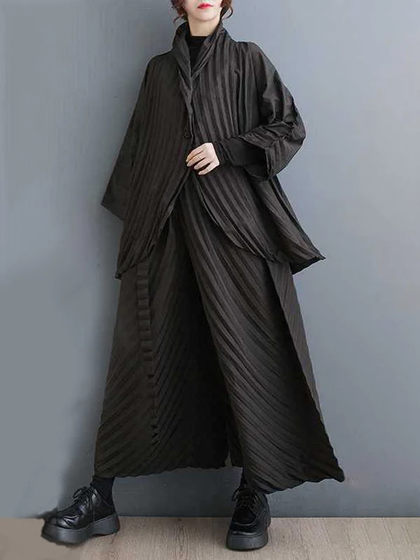 Long Sleeves Loose Buttoned Pleated Solid Color Stand Collar Shirts Top + Pants Bottom Two Pieces Set - Image 3