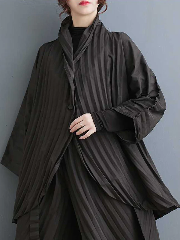 Long Sleeves Loose Buttoned Pleated Solid Color Stand Collar Shirts Top + Pants Bottom Two Pieces Set - Image 4