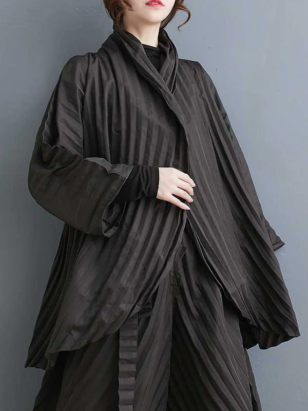 Long Sleeves Loose Buttoned Pleated Solid Color Stand Collar Shirts Top + Pants Bottom Two Pieces Set - Image 5