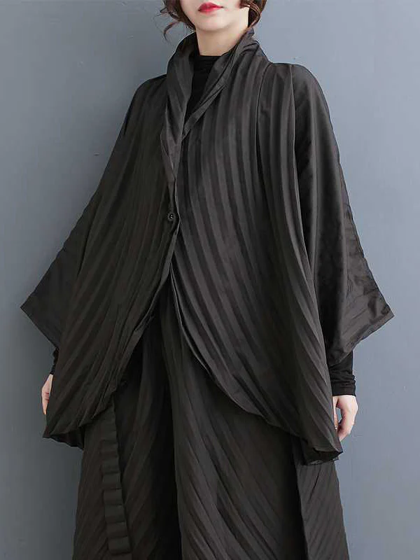 Long Sleeves Loose Buttoned Pleated Solid Color Stand Collar Shirts Top + Pants Bottom Two Pieces Set - Image 6