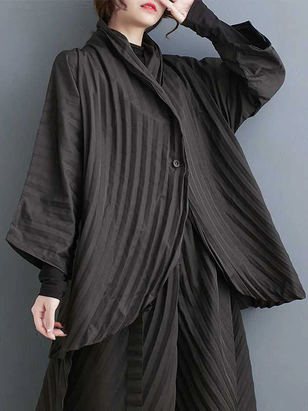 Long Sleeves Loose Buttoned Pleated Solid Color Stand Collar Shirts Top + Pants Bottom Two Pieces Set - Image 7
