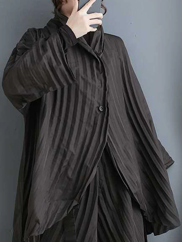 Long Sleeves Loose Buttoned Pleated Solid Color Stand Collar Shirts Top + Pants Bottom Two Pieces Set - Image 8