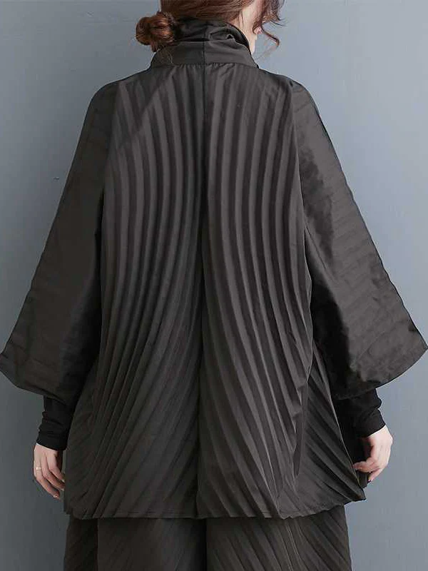 Long Sleeves Loose Buttoned Pleated Solid Color Stand Collar Shirts Top + Pants Bottom Two Pieces Set - Image 9