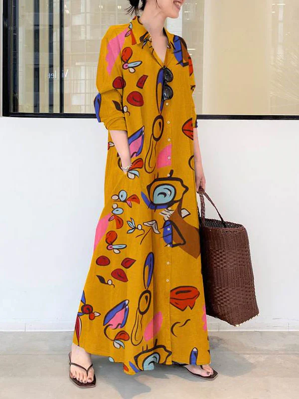 Long Sleeves Loose Buttoned Pockets Printed Lapel Maxi Dresses Shirt Dress - Image 2