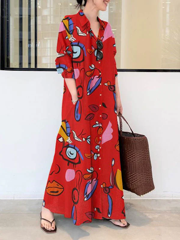 Long Sleeves Loose Buttoned Pockets Printed Lapel Maxi Dresses Shirt Dress - Image 3