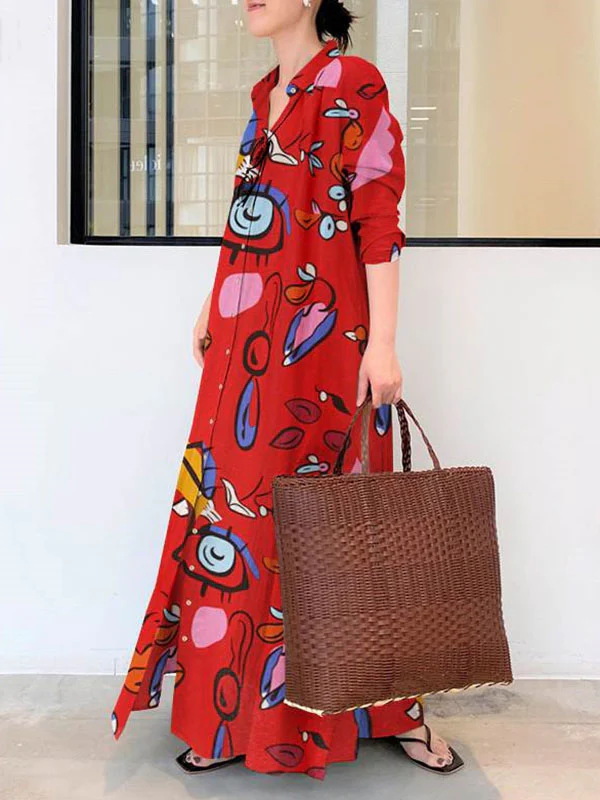 Long Sleeves Loose Buttoned Pockets Printed Lapel Maxi Dresses Shirt Dress - Image 4