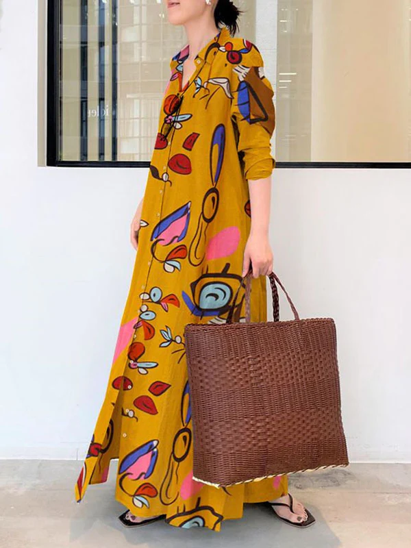 Long Sleeves Loose Buttoned Pockets Printed Lapel Maxi Dresses Shirt Dress - Image 5