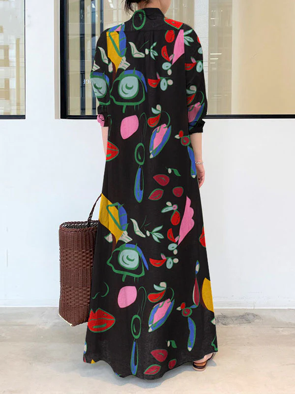 Long Sleeves Loose Buttoned Pockets Printed Lapel Maxi Dresses Shirt Dress - Image 6