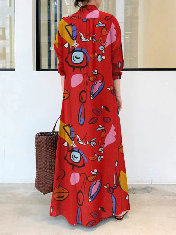 Long Sleeves Loose Buttoned Pockets Printed Lapel Maxi Dresses Shirt Dress - Image 7