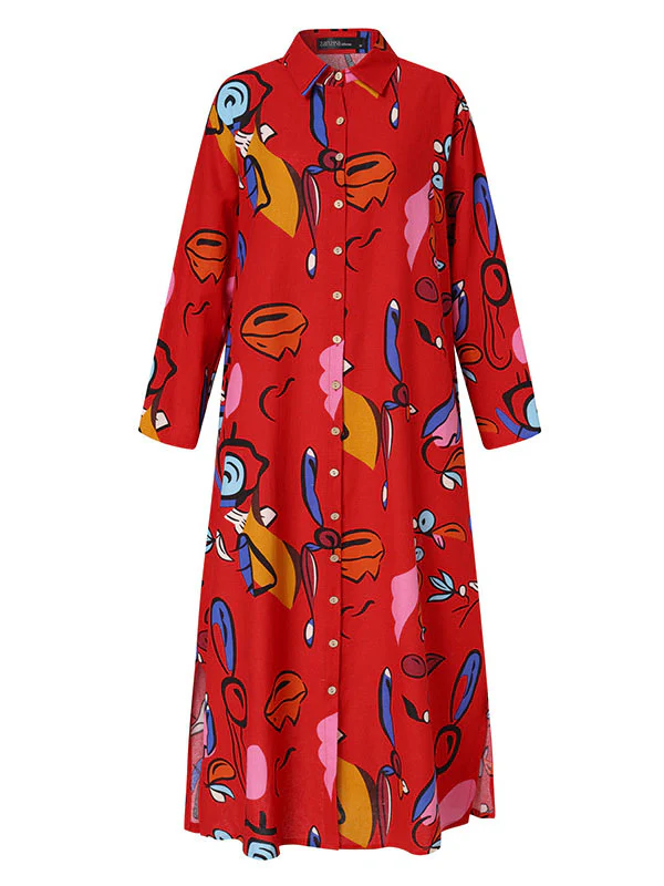 Long Sleeves Loose Buttoned Pockets Printed Lapel Maxi Dresses Shirt Dress - Image 8