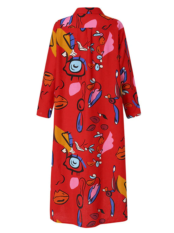 Long Sleeves Loose Buttoned Pockets Printed Lapel Maxi Dresses Shirt Dress - Image 9