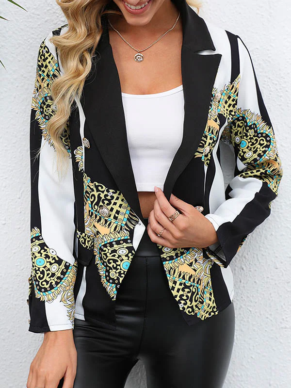 Long Sleeves Loose Buttoned Pockets Printed Notched Collar Blazer Outerwear - Image 2