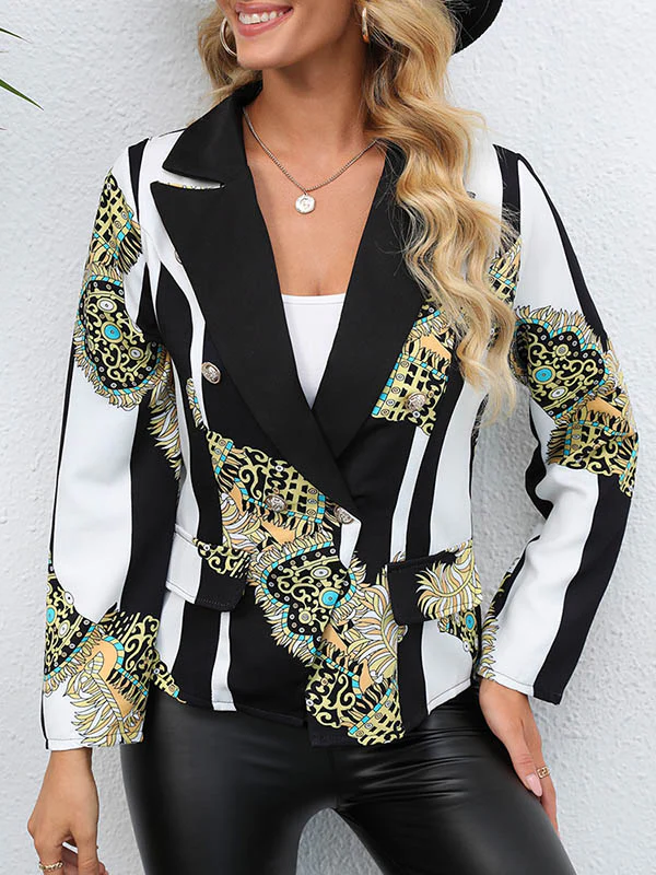 Long Sleeves Loose Buttoned Pockets Printed Notched Collar Blazer Outerwear - Image 3