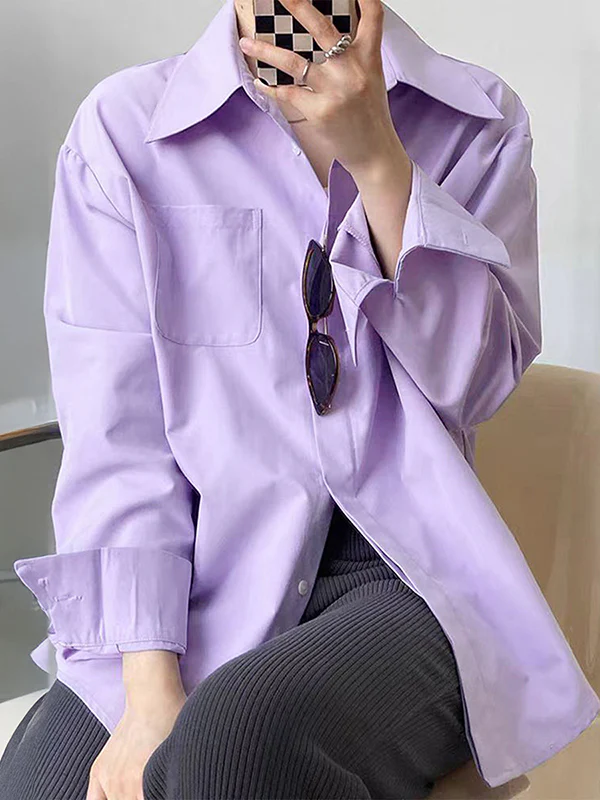 Long Sleeves Loose Buttoned Pockets Solid Color Lapel Blouses&Shirts Tops - Image 2