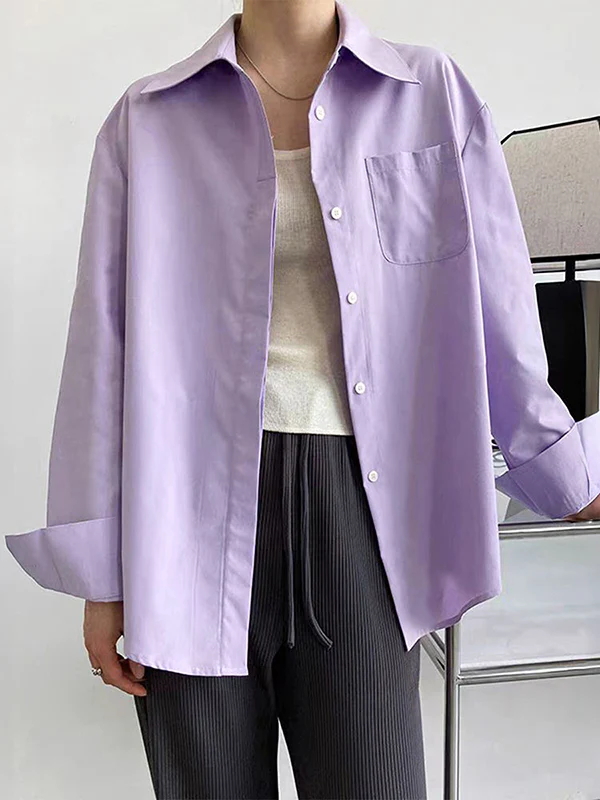 Long Sleeves Loose Buttoned Pockets Solid Color Lapel Blouses&Shirts Tops - Image 3