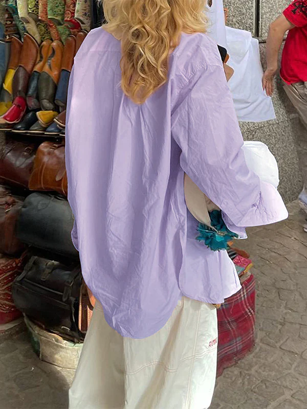 Long Sleeves Loose Buttoned Pockets Solid Color Lapel Blouses&Shirts Tops - Image 4