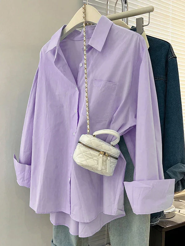 Long Sleeves Loose Buttoned Pockets Solid Color Lapel Blouses&Shirts Tops - Image 5