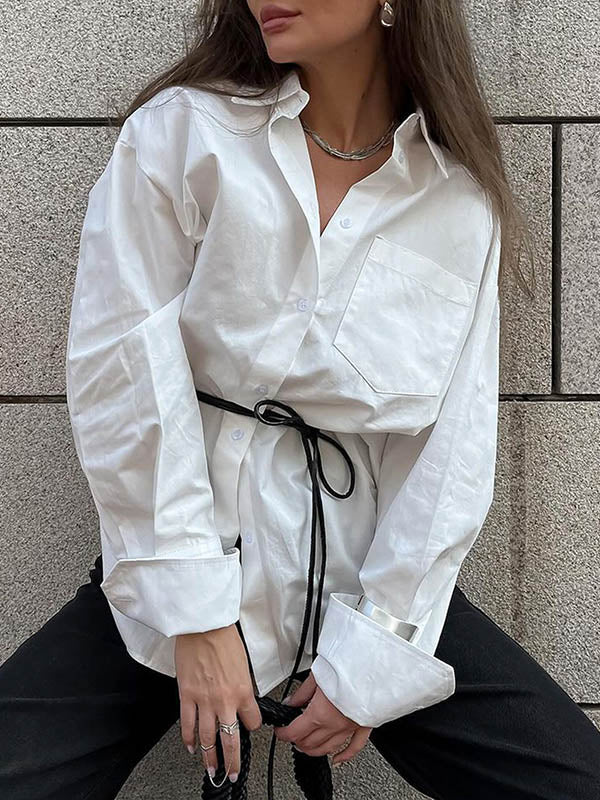 Long Sleeves Loose Buttoned Pockets Solid Color Lapel Blouses&Shirts Tops - Image 2