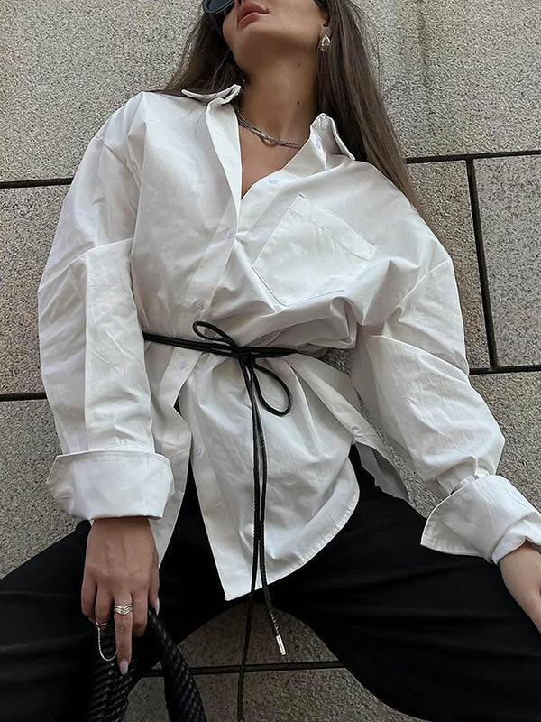 Long Sleeves Loose Buttoned Pockets Solid Color Lapel Blouses&Shirts Tops - Image 3