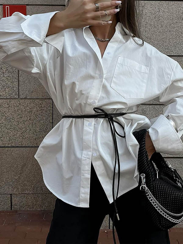 Long Sleeves Loose Buttoned Pockets Solid Color Lapel Blouses&Shirts Tops - Image 4
