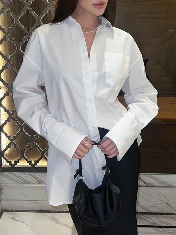 Long Sleeves Loose Buttoned Pockets Solid Color Lapel Blouses&Shirts Tops - Image 5