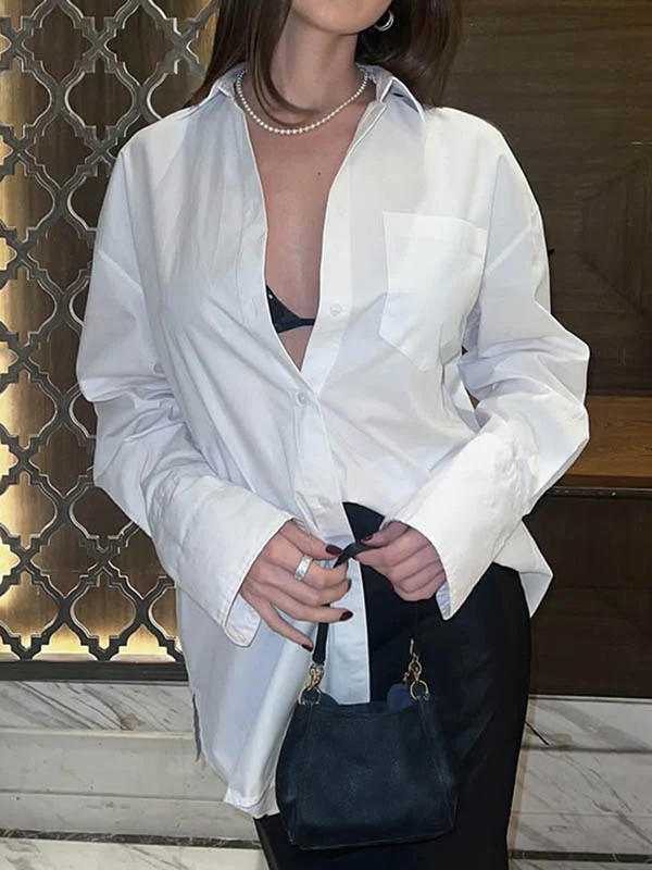 Long Sleeves Loose Buttoned Pockets Solid Color Lapel Blouses&Shirts Tops - Image 6