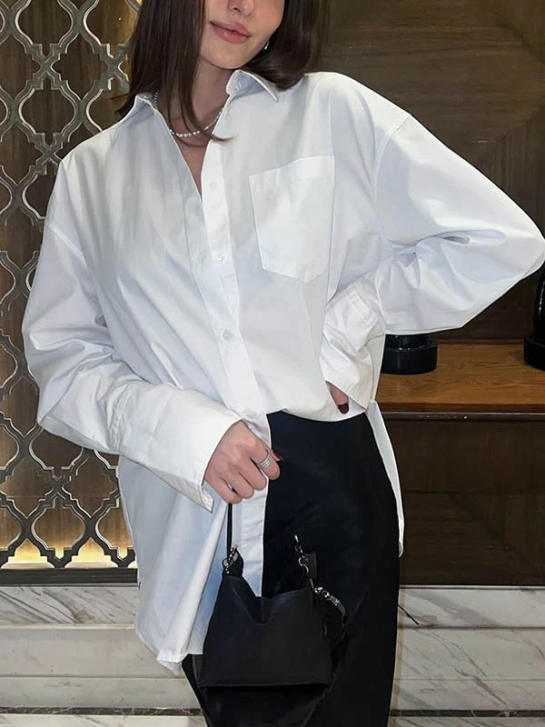 Long Sleeves Loose Buttoned Pockets Solid Color Lapel Blouses&Shirts Tops - Image 7