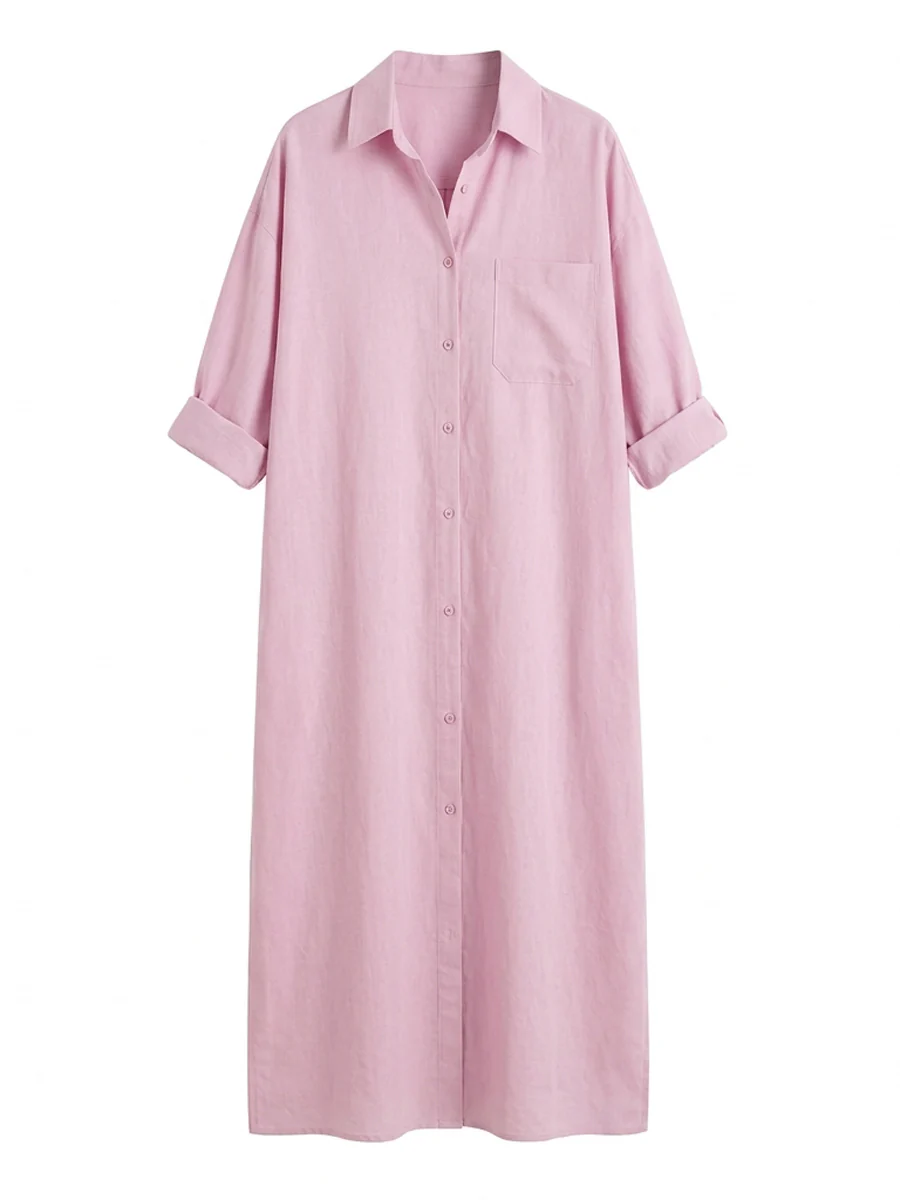 Long Sleeves Loose Buttoned Pockets Solid Color Lapel Maxi Dresses Shirt Dress - Image 12